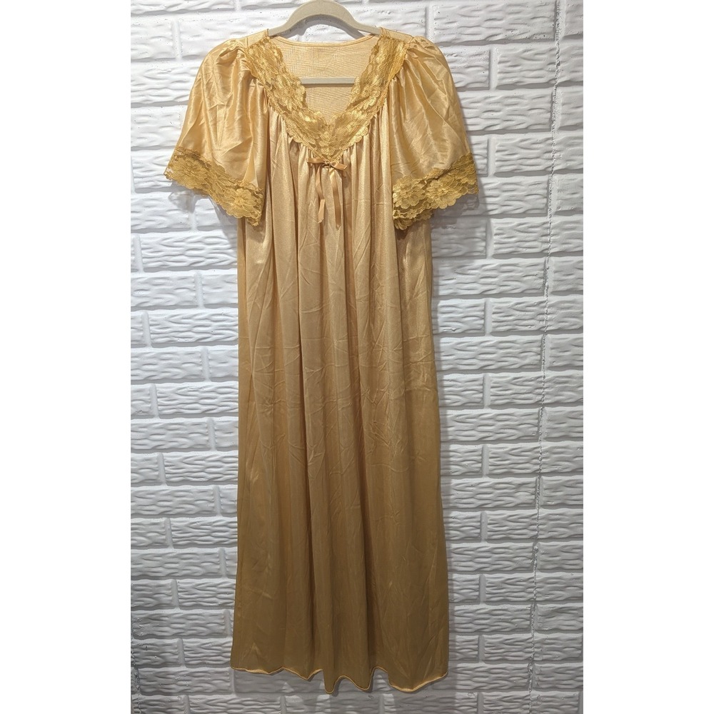 VTG 70s Gold Lace Trim Maxi Nightgown Coquette Boudoir Sleepwear Untagged S-L